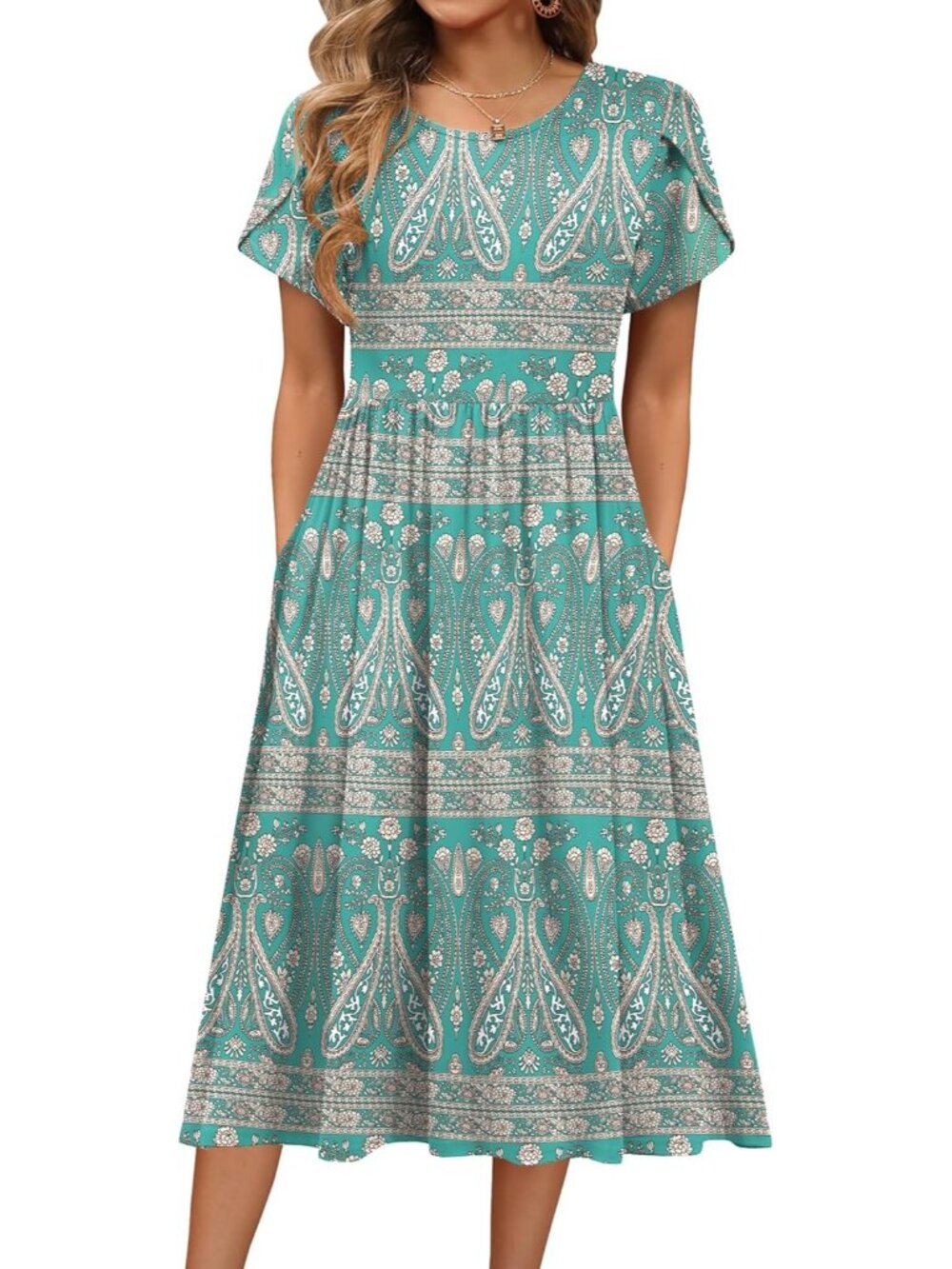 〽️Women's Green Floral Midi Dress Short Sleeve A Line Casual Summer Dress 2026